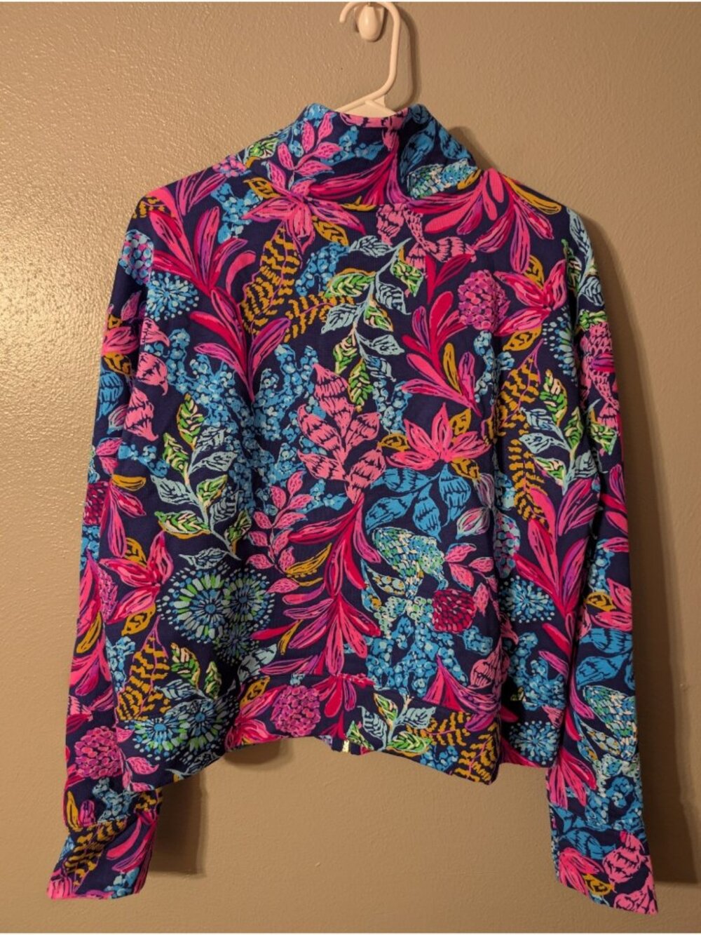 Lilly Pulitzer Luxletic Floral Zip Up Cropped Fleece Jacket Pink Blue Palms M - Picture 4 of 9